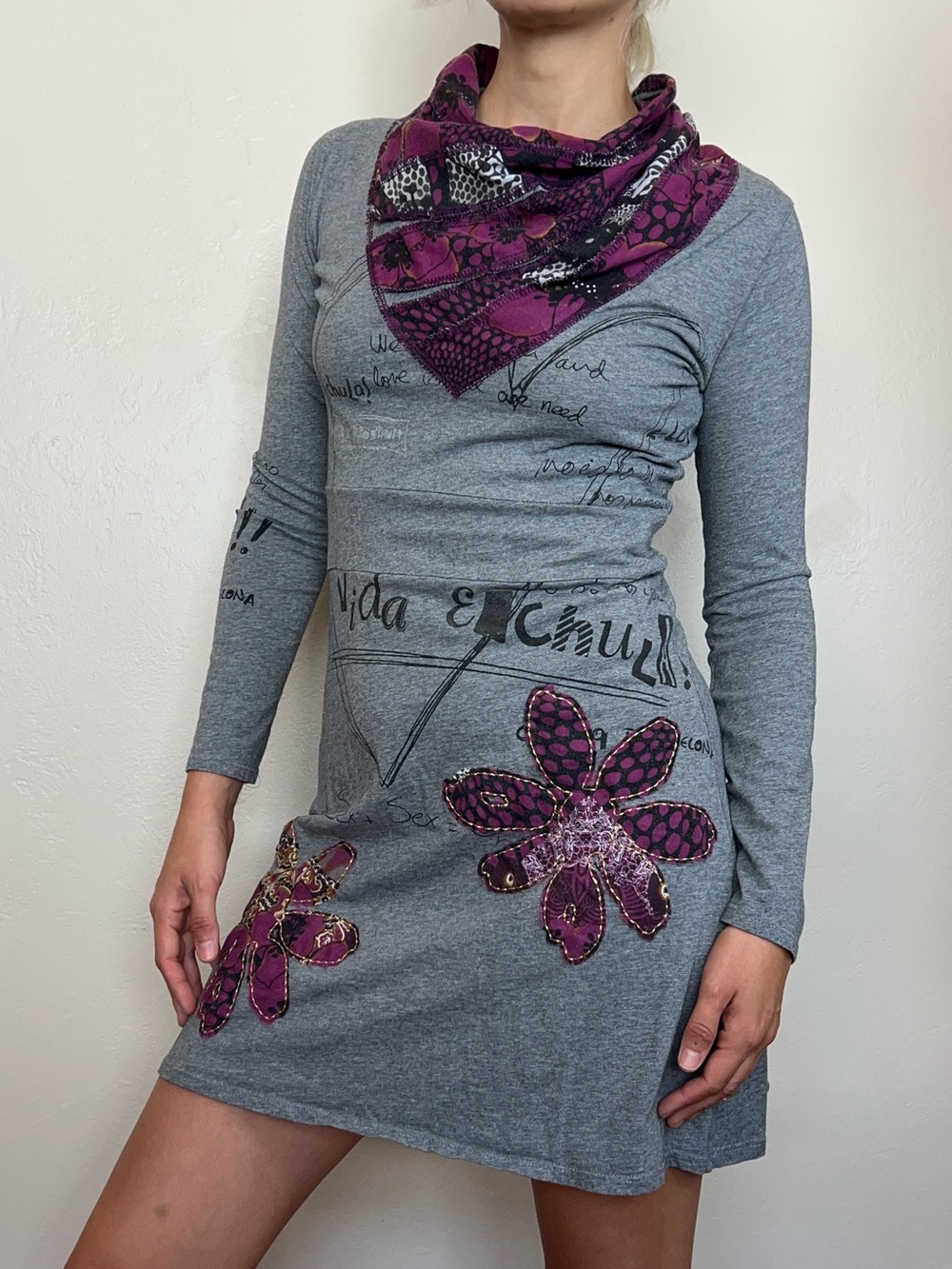 Desigual Gray Long-Sleeve Dress with Purple Floral Appliqués